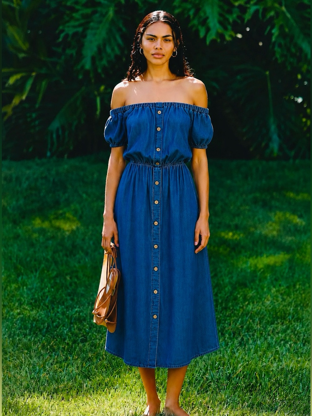 Boho Italian Tencel Milkmaid Midi OTS Dress - Medium NWOT